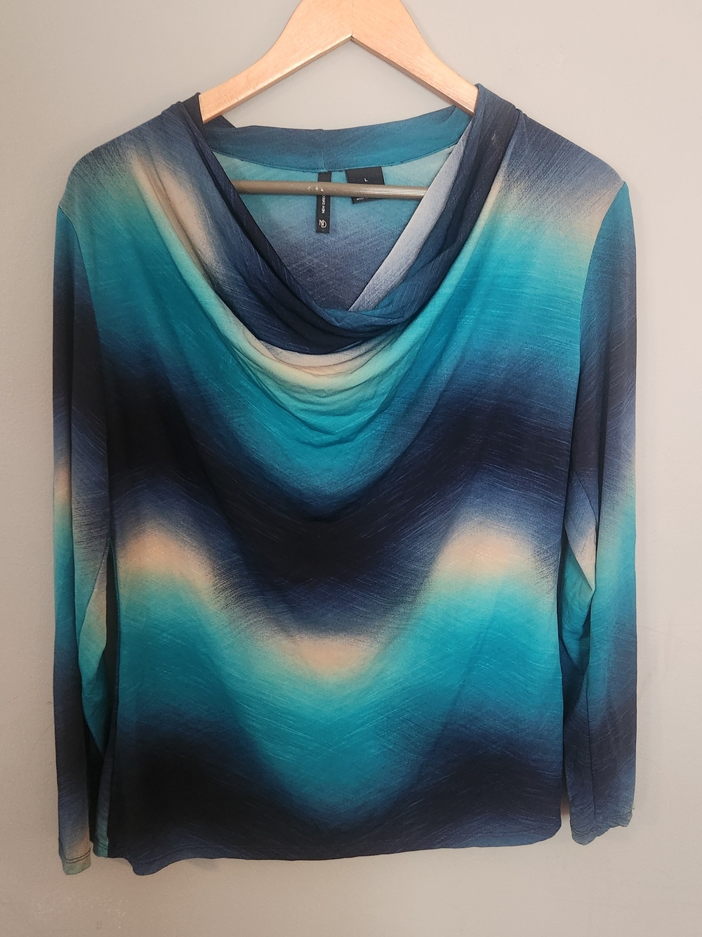 New directions Teal and Navy Ombre Cowl Neck Long Sleeve Top